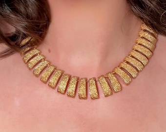 Vintage Gold Collar Necklace, Designer 80s Signed Napier Textured Gold Cleopatra Style Choker