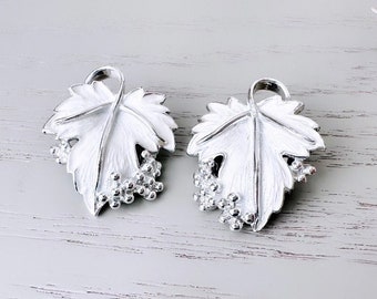 Silver Leaf Earrings, Vintage Leaf White Enamel Earrings, VTG Clip On Earring, Silver Bridal Bride Clip-Ons, 1959 Whispering Leaves SC