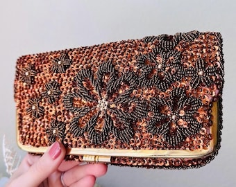 Vintage Perlen Clutch, 1950er Jahre Abendtasche in Bronze & Kaffee Braun