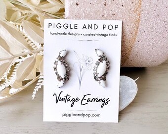 Vintage Milk Glass Earrings, 1940s Vintage Earrings, Unique White & Silver Bridal Clip-on Earrings, 40s Elegant Statement Earrings