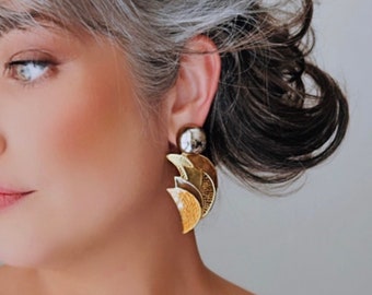 Vintage Gold Statement Earrings, Brown + Mustard Yellow Enamel Earrings, Chunky Geometric 80s Earrings, Oversized Berebi Pierced Earrings