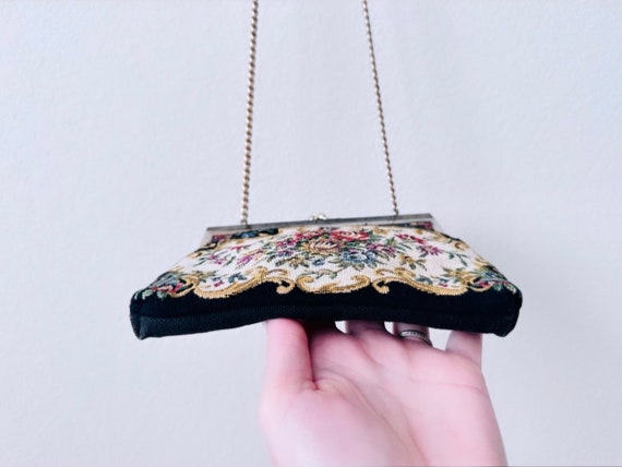 Vintage Black Floral Tapestry Purse with Gold Cha… - image 10