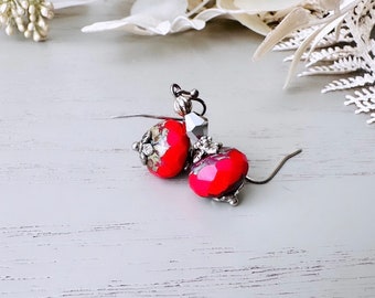 Silver and Red Picasso Drop Earrings, Beaded Red Handmade Earrings, Czech Glass Dangle Earring, Interesting Unique Red and Grey Jewelry