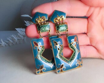 Vintage Berebi Emaille Ohrringe, 80er Jahre Funky abstrakte gegliederte geometrische Ohrringe in Blau, Grün und Gold