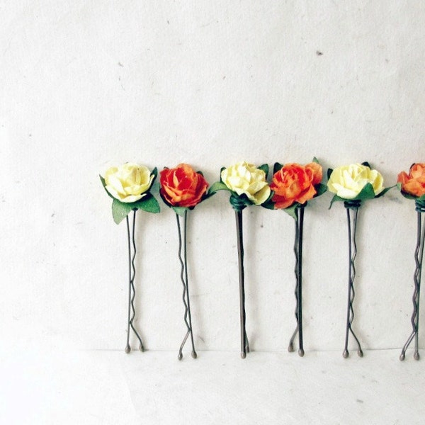 Rose Bobby Pin Set, Orange and Yellow, Floral Hair Pins, Flower Hair Accessories, Paper Hair Flowers, Bridesmaid Gifts, Summer Wedding Hair