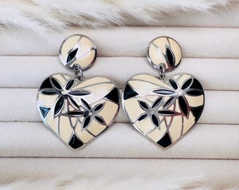 Vintage Heart Earrings, Black and Cream Mosaic Heart Dangle Earrings, Signed Designer Berebi Funky 80s Pierced Post Earrings