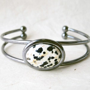 Gemstone Cuff Bracelet with Dalmatian Jasper. Gunmetal Silver Cuff Bracelet. Natural Bangle Bracelet with Cream, White and Black Stone.