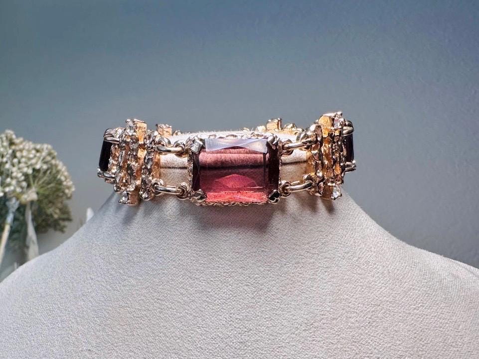 Amethyst Crystal Bracelet, Brutalist Gold Bracelet With Emerald