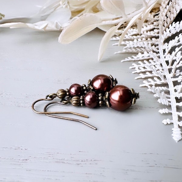 Chocolate Brown Pearl Earrings, Beaded Drop Earrings with Antique Bronze Floral Accents. Simple Vintage Inspired Handmade Earring Gifts