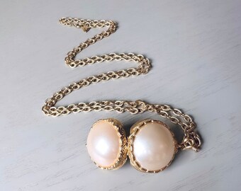 Rare Pearl Sphere Locket Necklace, LCI Gold Locket Ball Pendant Necklace, Long Chain Vintage Liz Claiborne Faux Pearl Ball Locket Pendant