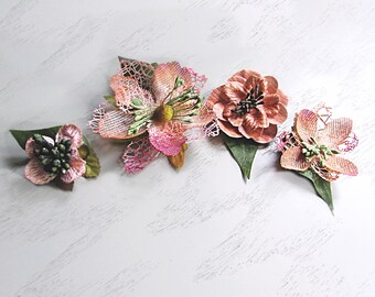 Bridal Hair Clips, Peachy Pink Rustic Wedding Hair Flowers, Woodland Flower Clips, Spring Summer Bride, Pink Boho Bride, Burlap Hair Flowers