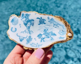 Coastal Cowgirl Oyster Shell Dishes, Handmade in Texas Western Trinket Jewelry Holder with Pearls