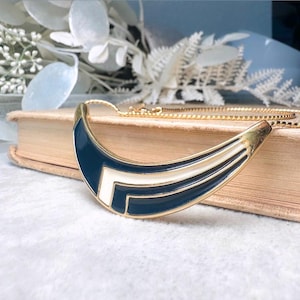 Vintage Monet Necklace, Navy Pendant Necklace, 80s Monet Designer Estate Necklace, Cream Enamel Crescent Choker, Modernist Jewelry Gifts