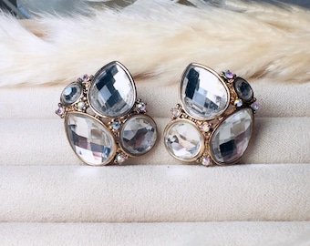 Vintage-Kristallohrringe, übergroße Strass-Ohrstecker in Gold, Silber und Diamant