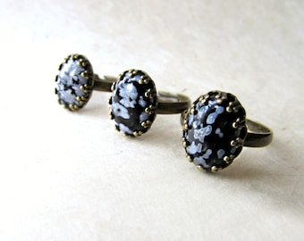 Snowflake Obsidian Ring, Black Stone Ring, Antique Bronze Ring, Oval Bezel Setting, Volcanic Glass Jewelry, Natural Healing Crystal Ring