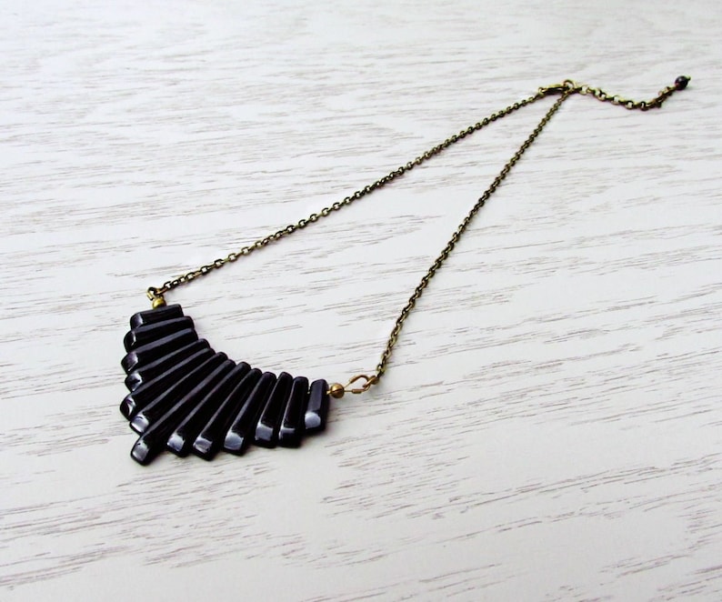 Black Onyx Necklace, Onyx Bib Necklace, Graduated Fan Necklace, Black Geometric Jewelry, Simple Gemstone Necklace, Wire Wrapped Pendant image 1