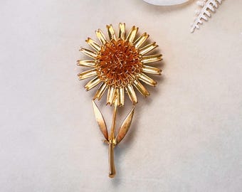 Gold Sunflower Brooch, Large Vintage Flower Statement Pin