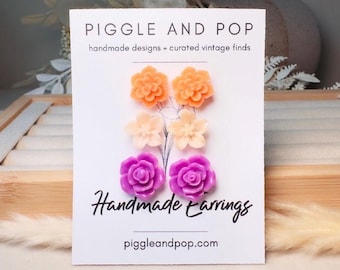 Blumenohrring-Set in Pfirsich, Lila und Orange, handgefertigte hypoallergene Ohrringe aus Chirurgenstahl