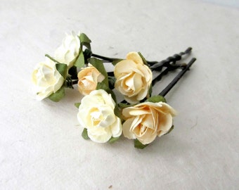 Yellow Paper Rose Bobby Pin Set, Buttercream + Pastel Lemon Yellow Miniature Spring Floral Hair Flowers, Set of 6 Handmade Hair Accessories