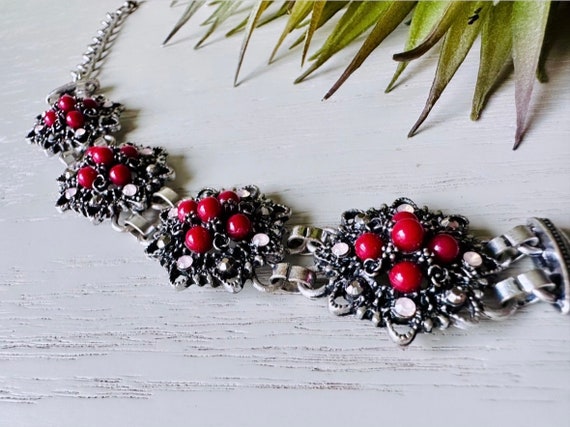 Vintage Flower Link Bracelet, Deep Burgundy Red a… - image 2