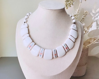 Vintage Milk Glass Choker Necklace, Gorgeous  1950s West German Jewelry Hand Painted Flowers White Vintage Necklace, Beautiful Bridal Choker