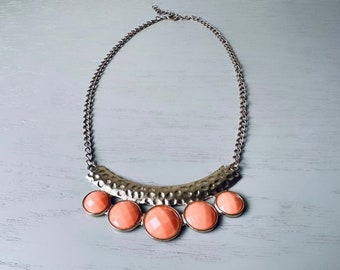 Peach and Gold Geometric Bib Necklace, Hollow Gold Cut Out Necklace with Peachy Faceted Gem, Metallic Geometric Vintage Necklace