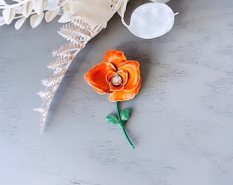 Orange Flower Brooch, Vintage Orange Floral Pin Rhinestone Center, Green Leaves Pretty Brooch, 1960s Vintage Mod Flower Power Enamel Pin