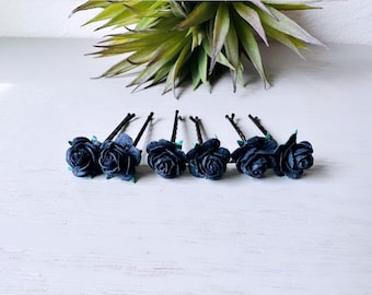 Black Rose Bobby Pins, Dramatic Black Wedding Flower Hair Pins, Paper Hair Flowers, Elegant Dark Bridesmaid Hair Pins, Victorian Wedding