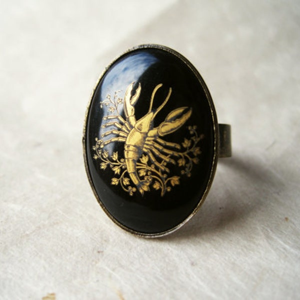 RESERVED FOR KRISTA- Zodiac Cancer Ring. Cancer Zodiac Jewelry. Vintage Black + Gold Glass Cabochon Astrology Ring.