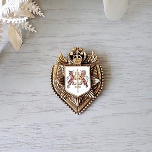 Regal Vintage Shield Brooch with Lions, Sword and Fleur De Lis, Incredible Antique Gold Heraldic Coat of Arms Brooch with Lion Motif