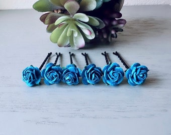 Teal Rose Bobby Pins, Peacock Blue Wedding Flower Hair Pins, Handmade Paper Hair Flowers, Spring Summer Bridesmaid Hair Pin, Jewel Tone Hair