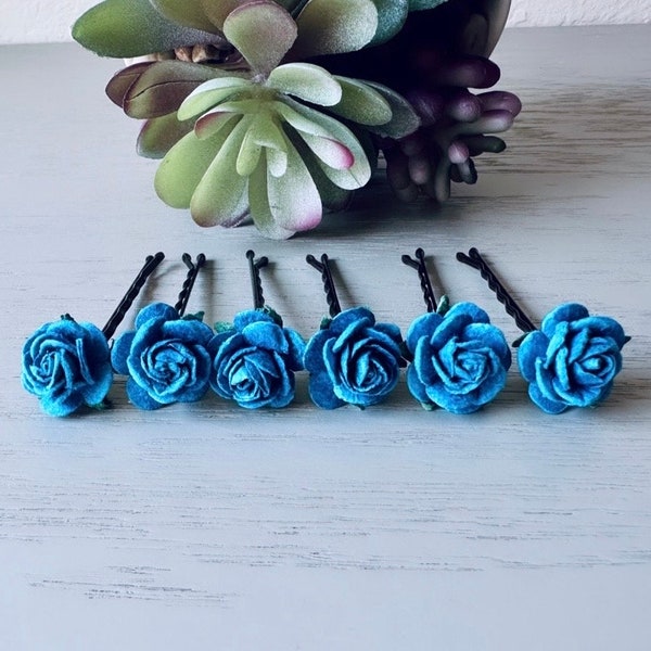 Teal Rose Bobby Pins, Peacock Blue Wedding Flower Hair Pins, Handmade Paper Hair Flowers, Spring Summer Bridesmaid Hair Pin, Jewel Tone Hair