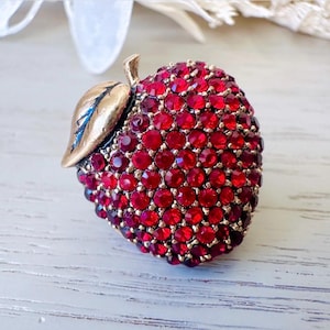 Red Apple Brooch, Vintage Monet Rhinestone Apple Pin, Designer Vintage Fruit Broach, Sparkling Gold with Pave Rhinestones
