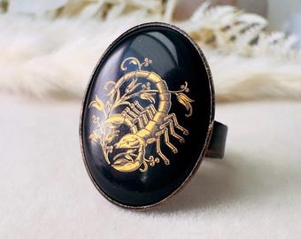 Scorpio Zodiac Ring, Vintage Astrology Glass Cabochon with Adjustable Bronze Band, Black and Gold Gothic Statement Ring