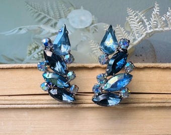Blaue Cocktail Ohrringe, Vintage 60s Kristall Marquise Strass Bergsteiger Statement Ohrringe