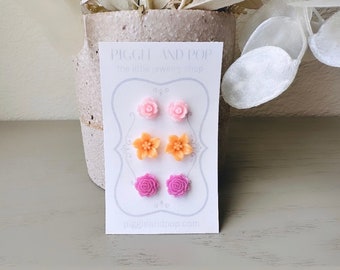 Flower Stud Earring Set, Pink Orange Purple, Earring Stud Set, Gift for Teen Girl, Pink Rose Earrings, Surgical Steel Earring, Resin Earring