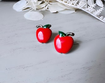 Red Apple Earrings, Vintage Apple Pierced Earrings, Small Enamel 1980's Earrings, Silver and Red Apple Stud Earring, Cute Teacher Gifts
