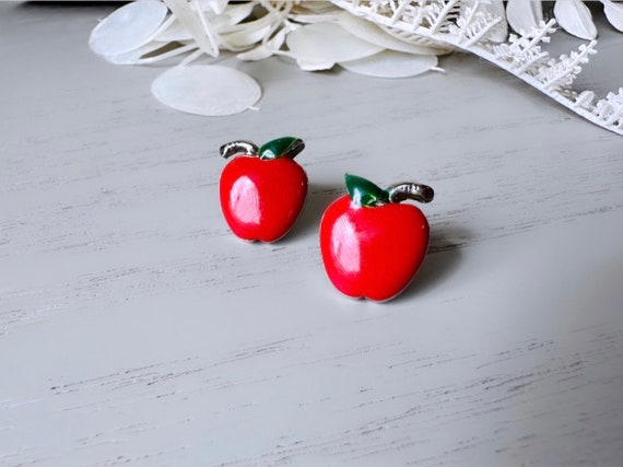 Red Apple Earrings, Vintage Apple Pierced Earring… - image 1