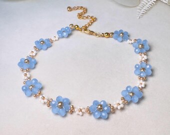 Flower Choker Necklace, Handmade Beaded Daisy Necklace in Ice Blue, Pearl and Gold