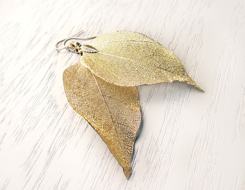 Gold Leaf Earrings, Real Leaf Dangle Earrings, 14kt Gold Earwires, Delicate Gold Earrings, Ethereal Wedding Earrings, Bridal Gold Dipped image 2