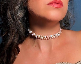 Beaded Pearl Choker Necklace, Handmade Ombre Crystal Woven Necklace in Pink, Gold and Cream