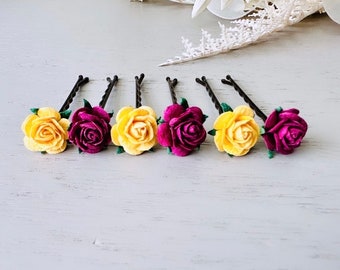 Rose Hair Pins in Marigold Yellow & Plum Wine, Paper Rose Bobby Pin, Floral Hair Accessories, Handmade Flower HairPins for Wedding Prom Hair