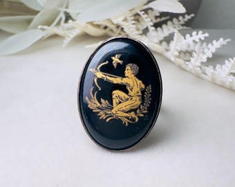 Sagittarius Zodiac Ring, Vintage Black Glass Astrology Ring, November Birthday Astrology Ring, Adjustable Antique Bronze Ring