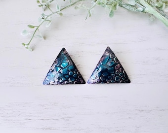 Vintage Teal and Black Textured Triangle Earrings, Funky 1980s Vintage Earrings, Ombre Color Gradient Earrings Retro 80's Colorful Earrings