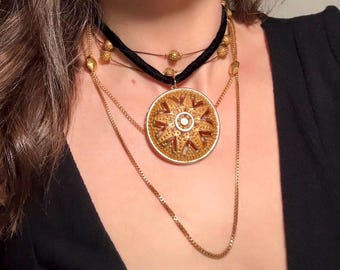 Black Velvet Choker Necklace with Gold Sunburst Pendant, Vintage Gothic Signed Lisner Gold Medallion Necklace