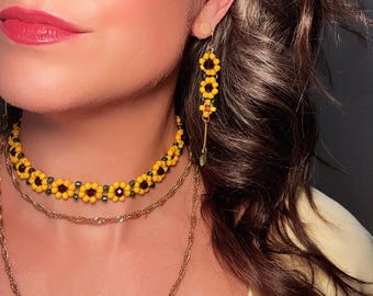 Beaded Sunflower Earrings, Handmade Cascading Yellow Flower Dangle Earrings