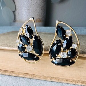 Vintage Black Rhinestone Earrings, 1960s Designer Signed Weiss Mosaic Cocktail Earrings, Gold & Diamond Crystal Teardrop Clip On Earrings