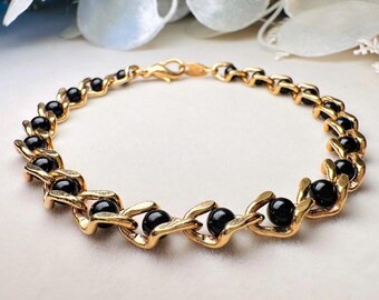 Vintage Genuine Onyx and Gold Link Bracelet, Delicate Black and Gold Dainty Gemstone Bracelet