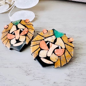 Vintage Lion Earrings, Natural Shell and Stone Mosaic Lion Face Earrings, Big Lee Sands Earrings, Leo Zodiac Sign 1980s Pierced Post Earring