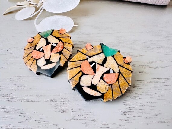Lee Sands Lion Earrings, Shell and Stone Mosaic L… - image 3